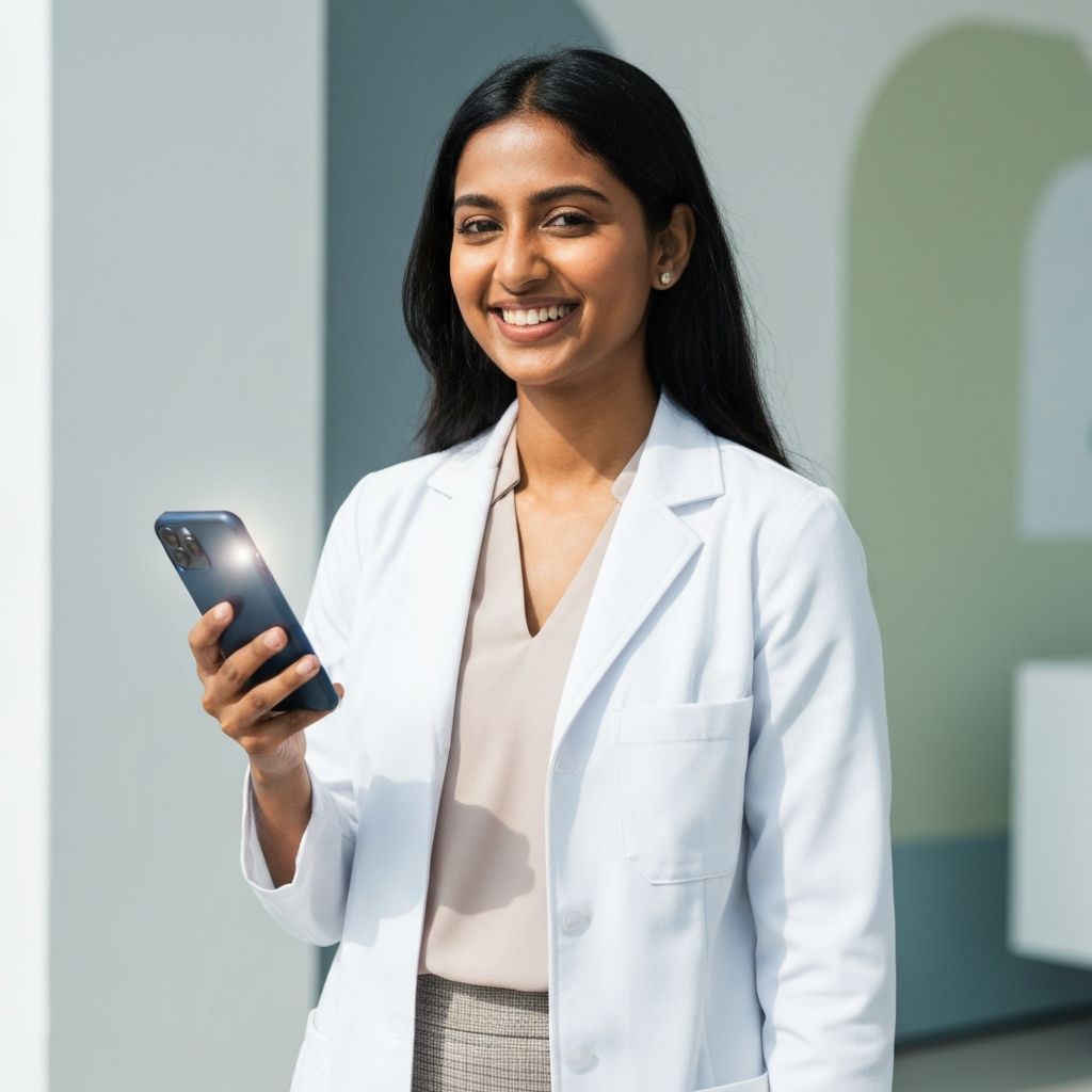 Mulher sorrindo com celular